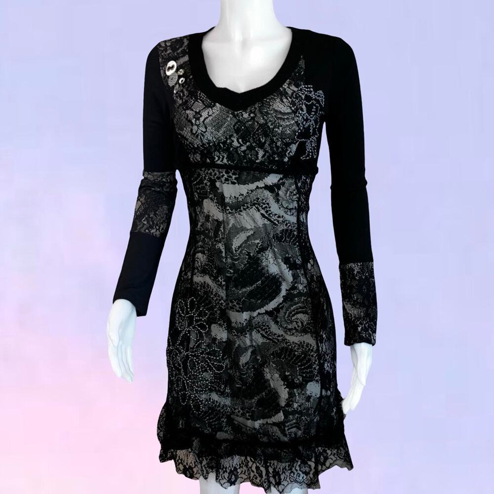 Vintage 90s y2k patchwork lacey euro long sleeve mini dress